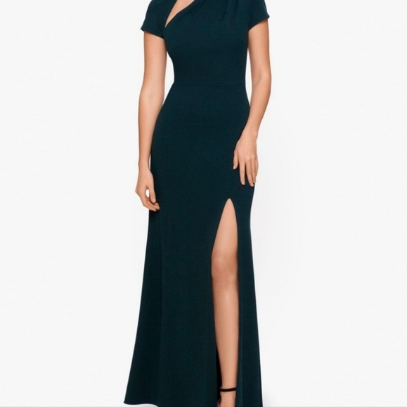 Betsy & Adam Dress Size 8 DarkGreen Forrest Asymmetrical NeckHigh Slit Gown